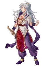 Rule 34 | 1boy, absurdres, arcturus, bracer, closed mouth, full-body tattoo, full body, grey eyes, grey hair, high ponytail, highres, holding, holding sword, holding weapon, long hair, looking at viewer, male focus, open clothes, open shirt, pants, purple footwear, purple pants, shirt, shoes, simple background, sizz flair, smile, solo, standing, sword, tattoo, weapon, white background, white shirt, xiansan
