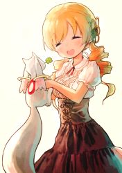 Rule 34 | 10s, 1girl, blonde hair, blush, breasts, closed eyes, clover, corset, drill hair, four-leaf clover, hair ornament, hairpin, kyubey, mahou shoujo madoka magica, mahou shoujo madoka magica (anime), open mouth, puffy sleeves, skirt, smile, tomoe mami, twin drills, twintails, yellow eyes, yoshinogai