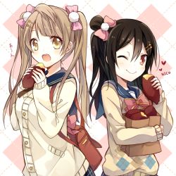 Rule 34 | 10s, 2girls, a (riduass023), alternate hairstyle, argyle, argyle background, argyle clothes, argyle sweater, bag, black hair, bow, brown hair, food, hair bow, hairstyle switch, love live!, love live! school idol project, minami kotori, multiple girls, one eye closed, one side up, open mouth, paper bag, red eyes, school uniform, smile, sweater, sweet potato, twintails, yazawa nico, yellow eyes, yimu