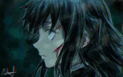 Rule 34 | 1boy, astronut zzz, black hair, blood, blood on face, closed mouth, expressionless, grey eyes, highres, kimetsu no yaiba, long hair, male focus, multicolored background, profile, signature, solo, tokitou muichirou