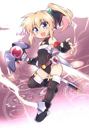 Rule 34 | 1girl, belt, black leotard, black thighhighs, blonde hair, blue eyes, boots, covered navel, detached sleeves, electricity, fang, fingerless gloves, gloves, hair bobbles, hair ornament, highres, holding, leg lift, leotard, long hair, magic circle, magical girl, open mouth, original, outstretched arms, outstretched hand, ponytail, ribbon, smile, solo, staff, thighhighs, tomoshibi hidekazu, weapon