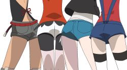 Rule 34 | 4girls, ass, blouse, blue overalls, creatures (company), dark-skinned female, dark skin, from behind, game freak, highres, hilda (pokemon), kneepits, lyra (pokemon), may (pokemon), mayapazoo, multiple girls, nintendo, overall shorts, overalls, pokemon, pokemon bw, pokemon hgss, pokemon oras, red shirt, shirt, short shorts, shorts, simple background, thighhighs, white background, white shirt, zinnia (pokemon)