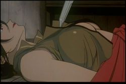 Rule 34 | 1990s (style), 1girl, animated, animated gif, arms behind back, bare shoulders, black hair, breasts, cleavage, cowboy bebop, crop top, faye valentine, halterneck, indoors, knife, large breasts, lips, lipstick, lowres, lying, makeup, messy hair, no bra, open clothes, open shirt, red lips, retro artstyle, shirt, short hair, sleeveless, talking, wooden floor