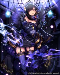 Rule 34 | 1girl, :d, bare shoulders, black gloves, black hair, blue thighhighs, breasts, cleavage, dress, earrings, garter straps, gloves, gyakushuu no fantasica, hairband, heterochromia, horns, jewelry, katagiri hachigou, large breasts, lolita hairband, long hair, looking at viewer, off shoulder, official art, open mouth, pointy ears, purple eyes, red eyes, single horn, smile, solo, teeth, thighhighs, wings