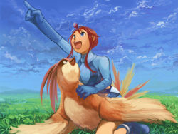 Rule 34 | 1girl, :d, bird, blue eyes, blue footwear, blue gloves, blue shirt, blue shorts, blue sky, blue theme, cloud, cloudy sky, clover, commentary, commentary request, creature, creatures (company), day, game freak, gen 1 pokemon, geregere (lantern), gloves, grass, gym leader, highres, long hair, long sleeves, looking up, nintendo, open mouth, outdoors, pidgeotto, pointing, pointing up, pokemon, pokemon (creature), pokemon bw, red hair, shirt, shoes, short shorts, shorts, sky, skyla (pokemon), smile