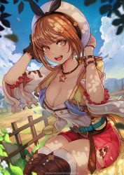 Rule 34 | atelier (series), atelier ryza, atelier ryza 1, belt, blue belt, bracelet, breasts, brown belt, brown eyes, brown hair, cleavage, cloud, flask, gloves, hair ornament, hat, highres, jewelry, magion02, necklace, open mouth, red shorts, reisalin stout, short hair, short shorts, shorts, single glove, sitting, sky, sleeveless, sleeveless jacket, smile, star (symbol), star necklace, thighhighs