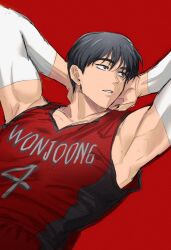 Rule 34 | 1boy, armpits, arms behind head, basketball jersey, basketball uniform, black eyes, black hair, garbage time, highres, jeon youngjoong, jidesuka2ma, looking to the side, male focus, parted lips, red background, red tank top, short hair, simple background, solo, sportswear, tank top, toned, toned male, upper body