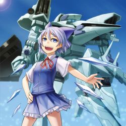 Rule 34 | 04-alicia, armored core, blue eyes, blue hair, cirno, cloud, day, hand on own hip, kurione (zassou), laser blade, mecha, open mouth, robot, skirt, sky, smile, touhou