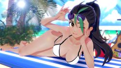 Rule 34 | 1girl, 3d, ahoge, armpits, bare shoulders, beach, bikini, blue sky, breasts, cleavage, collarbone, creatures (company), dark skin, freckles, game freak, green stripes, high ponytail, highres, large breasts, looking at viewer, lying, navel, nemona (pokemon), nintendo, one eye closed, open clothes, open shorts, orange eyes, pokemon, pokemon sv, ponytail, shorts, sky, sunglasses, swimsuit, thick thighs, thigh gap, thighs, white bikini, wide hips, wink