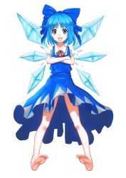 Rule 34 | 1girl, :d, absurdres, bare legs, barefoot, blue dress, blue eyes, blue hair, bow, cirno, crossed arms, dan dan (artist), dress, feet, full body, hair bow, highres, ice, ice wings, looking at viewer, open mouth, panties, pantyshot, puffy short sleeves, puffy sleeves, ribbon, short hair, short sleeves, smile, solo, touhou, underwear, white background, wings