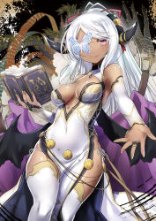 Rule 34 | 1girl, 47agdragon, blush, book, breasts, bug, butterfly, closed mouth, dark-skinned female, dark skin, demon girl, demon horns, dress, hair between eyes, hair ribbon, highres, holding, holding book, horns, insect, jewelry, long hair, looking at viewer, medium breasts, open book, original, outstretched hand, panties, pink ribbon, ponytail, purple eyes, ribbon, ring, side-tie panties, side slit, sidelocks, single horn, smile, solo, swept bangs, thighhighs, underwear, white dress, white hair, white panties, white thighhighs