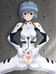 Rule 34 | 1girl, anus, ass, ayanami rei, bad anatomy, blue hair, blush, breasts, censored, dc high voltage, empty eyes, female focus, female pubic hair, interface headset, mosaic censoring, neon genesis evangelion, plugsuit, pubic hair, pussy, short hair, solo, spread legs, spread pussy, squatting