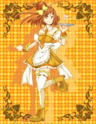 Rule 34 | 10s, 1girl, alcohol, alternate costume, bare shoulders, boots, choker, cocktail glass, cup, cure sunny, dress, drinking glass, earrings, food, fruit, hair bun, hair ornament, hair ribbon, hino akane (smile precure!), jewelry, kasetsu, magical girl, maid, matching hair/eyes, necktie, orange (fruit), orange background, orange dress, orange eyes, orange hair, orange necktie, orange skirt, orange theme, precure, ribbon, short hair, single hair bun, skirt, smile, smile precure!, solo, thighhighs