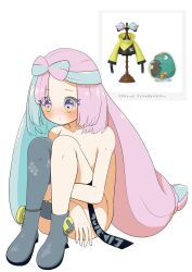 Rule 34 | 1girl, absurdres, bellibolt, blush, creatures (company), game freak, highres, iono (pokemon), long hair, looking down, multicolored hair, nintendo, nose blush, nude, pink hair, pokemon, pokemon sv, poyoxis, sitting, solo, translation request, very long hair, white background