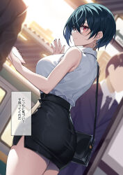 Rule 34 | 1girl, ass, bare arms, bare shoulders, black bag, black hair, black skirt, blush, closed mouth, commentary request, earrings, jewelry, looking at viewer, miniskirt, office lady, original, red eyes, shirt, shirt tucked in, short hair, skirt, sleeveless, smile, solo focus, translation request, white shirt, xe (execut3r)