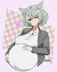 Rule 34 | absurdres, animal ears, belly rub, braid, breasts, cardigan, cat ears, core crystal (xenoblade), highres, large breasts, mio (xenoblade), one eye closed, outie navel, pregnant, shirt, short hair, silver hair, white shirt, wink, xenoblade chronicles (series), xenoblade chronicles 3, yellow eyes