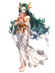 Rule 34 | 1girl, armlet, barefoot, blue eyes, bracer, breasts, cleavage, copyright request, dress, facial mark, forehead mark, full body, green hair, hands up, long hair, looking at viewer, maruhana, medium breasts, official art, own hands together, parted lips, pointy ears, solo, standing, very long hair, white background, white dress