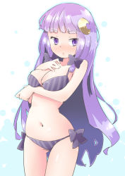 Rule 34 | 1girl, arnest, blush, bow, bra, breast hold, breasts, cleavage, crescent, crescent hair ornament, gluteal fold, hair bow, hair ornament, hand on own cheek, hand on own face, long hair, medium breasts, panties, patchouli knowledge, purple eyes, purple hair, simple background, solo, striped bra, striped clothes, striped panties, thigh gap, touhou, underwear, underwear only, vertical-striped bra, vertical-striped clothes, vertical-striped panties, very long hair