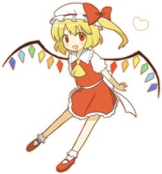 Rule 34 | 1girl, blonde hair, bobby socks, female focus, flandre scarlet, full body, hat, heart, lowres, mary janes, mob cap, one side up, ponytail, red eyes, shoes, side ponytail, simple background, socks, solo, tamaki (209), touhou, white hat, wings
