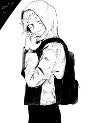 Rule 34 | 1boy, absurdres, adjusting clothes, backpack, bag, closed mouth, commentary, cowboy shot, crosshatching, dated, from side, greyscale, hands up, hatching (texture), highres, hood, hood up, kagerou project, kano shuuya, linear hatching, long sleeves, looking to the side, male focus, momiji-chan (mawi), monochrome, pants, short bangs, short hair, simple background, solo, two-tone background, two-tone hoodie