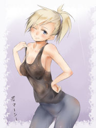 Rule 34 | 1girl, akino shuu, alternate costume, blonde hair, blue eyes, breasts, high ponytail, long hair, mercy (overwatch), one eye closed, overwatch, overwatch 1, smile, solo, sweat, tank top, wet, wet clothes