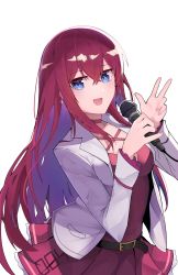 Rule 34 | 1girl, absurdres, belt, belt buckle, blue eyes, blush, breasts, brown hair, buckle, collarbone, commentary request, dress, hair between eyes, highres, holding, holding microphone, idol, idol (7th dragon), jacket, long hair, long sleeves, looking at viewer, makise kurisu, medium breasts, microphone, music, open mouth, pink dress, red hair, simple background, singing, sleepy frippy, smile, solo, steins;gate, upper body, v, white background