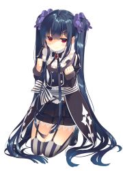 Rule 34 | 1girl, arikawa satoru, black bow, black footwear, black hair, black skirt, bow, bowtie, brooch, clenched hand, closed mouth, flower knight girl, full body, gothic lolita, hair bow, hair ornament, hairclip, highres, jewelry, kneeling, lolita fashion, long hair, looking at viewer, purple bow, red eyes, shoes, simple background, skirt, smile, solo, striped bow, striped clothes, striped thighhighs, thigh strap, thighhighs, torikabuto (flower knight girl), twintails, vertical-striped clothes, vertical-striped thighhighs, very long hair, waist bow, white background