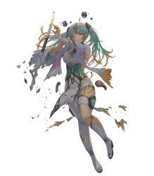 Rule 34 | 1girl, armpits, asymmetrical clothes, bandages, boots, breasts, closed mouth, commentary request, corruption, fire emblem, fire emblem heroes, full body, gradient clothes, gradient hair, green hair, hair ornament, heidr (fire emblem), highres, holding, lips, long hair, looking at viewer, medium breasts, multicolored hair, nintendo, official art, one eye closed, orange hair, pants, pelvic curtain, purple hair, silver trim, simple background, single boot, solo, standing, thigh strap, thighs, torn clothes, twintails, wand, white background, wide sleeves, yellow eyes, yoshiku (oden-usagi)