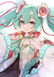 Rule 34 | 1girl, aqua eyes, aqua flower, aqua hair, aqua nails, aqua ribbon, bloom, cape, commentary, detached sleeves, flower, hair flower, hair ornament, hands on own chest, hatsune miku, highres, jewelry, lens flare, lips, long hair, looking at viewer, magical mirai (vocaloid), magical mirai miku, magical mirai miku (2021), mamo (fortune-mm), nail polish, neck ribbon, pendant, red pupils, red ribbon, ribbon, shirt, smile, solo, symbol-only commentary, twintails, upper body, very long hair, vocaloid, white background, white flower, white shirt, white sleeves
