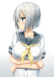 Rule 34 | 10s, 1girl, absurdres, blue eyes, collarbone, crossed arms, gradient background, hair ornament, hairpin, hamakaze (kancolle), highres, kantai collection, looking away, md5 mismatch, nedia (nedia region), pleated skirt, pout, resized, resolution mismatch, school uniform, serafuku, short hair, silver hair, simple background, skirt, solo, source smaller, upscaled
