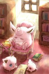 Rule 34 | :d, asakirirokuyu, basket, blue eyes, book, bookshelf, box, chair, closed eyes, closed mouth, commentary request, creatures (company), day, evolutionary line, food, game freak, gen 1 pokemon, gen 2 pokemon, hatching (texture), highres, holding, holding book, igglybuff, indoors, jigglypuff, light particles, light rays, linear hatching, macaron, nintendo, no humans, on floor, open book, open mouth, pokemon, pokemon (creature), red eyes, sitting, smile, table, wigglytuff, window