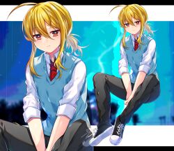 Rule 34 | 1boy, ahoge, akirannu, between legs, black footwear, black pants, blonde hair, blue vest, closed mouth, collared shirt, drop shadow, full body, hand between legs, highres, invisible chair, letterboxed, looking at viewer, low ponytail, male focus, medium hair, necktie, original, outside border, pants, red eyes, red necktie, shirt, sidelocks, sitting, sleeve cuffs, sleeves past elbows, solo, vest, white footwear, white shirt, zoom layer