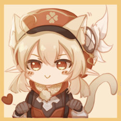 Rule 34 | 1girl, akashin, animal ears, beret, blonde hair, blush, border, brown gloves, cat ears, cat tail, closed mouth, genshin impact, gloves, hat, heart, jacket, klee (genshin impact), long hair, long sleeves, looking at viewer, looking back, orange background, orange border, pointy ears, red eyes, red headwear, red jacket, simple background, smile, tail
