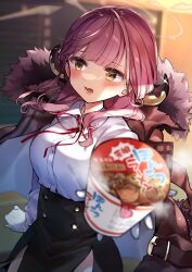 Rule 34 | 1girl, aru (blue archive), black skirt, blue archive, blurry, blurry foreground, blush, breasts, coat, coat on shoulders, collared shirt, cup ramen, food, fur-trimmed coat, fur trim, gloves, high-waist skirt, highres, holding, holding food, horns, kurihara sakura, long hair, long sleeves, looking at viewer, looking to the side, medium breasts, neck ribbon, open mouth, orange eyes, red coat, red hair, red ribbon, ribbon, shirt, skirt, solo, sparkle, sweat, white gloves, white shirt