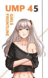 Rule 34 | 1girl, black shirt, breasts, brown eyes, character name, closed mouth, collarbone, copyright name, crossed arms, english text, girls&#039; frontline, hair ornament, long hair, looking at viewer, medium breasts, navel, scar, scar across eye, scar on face, shirt, silayloe, silver hair, solo, ump45 (girls&#039; frontline), white background