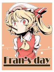 Rule 34 | 1girl, arms behind back, blonde hair, flandre scarlet, food, hat, hat ribbon, looking at viewer, mob cap, mouth hold, necktie, pocky, pointy ears, pout, puffy sleeves, red eyes, ribbon, short hair, side ponytail, solo, tomo (touajukou), touhou, white hat, wings