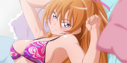 Rule 34 | 1girl, bikini, blue eyes, breasts, brown hair, closed mouth, collarbone, fuchi (nightmare), houjou hibiki, large breasts, long hair, looking at viewer, lying, on back, precure, purple bikini, smile, solo, suite precure, swimsuit, two side up, upper body