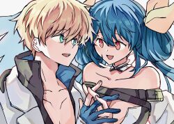 Rule 34 | bare shoulders, belt, blonde hair, blue eyes, blue gloves, blue hair, breasts, cleavage, collarbone, couple, dizzy (guilty gear), gloves, guilty gear, guilty gear strive, guilty gear xrd, hair between eyes, hair ribbon, hetero, holding hands, husband and wife, ktknpdy, ky kiske, large breasts, long hair, looking at another, open mouth, partially fingerless gloves, red eyes, ribbon, short hair, smile, twin, upper body, v-neck, yellow ribbon