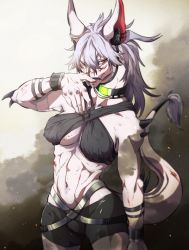 Rule 34 | 1girl, abs, blood, breasts, claws, female focus, furry, furry female, highres, muscular, pointy ears, red eyes, silver hair, solo, tail, takatsuki nato, toned