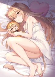 Rule 34 | 1girl, animal ears, ass, bare arms, bare shoulders, barefoot, bed sheet, blush, brown hair, character doll, closed mouth, commentary request, dress, frilled dress, frills, hair between eyes, heart, heart-shaped pillow, highres, indie virtual youtuber, lion ears, lion girl, lion tail, long hair, looking at viewer, lying, on side, pillow, rurudo lion, rurudo lion (1st costume), shun (b.c), sleeveless, sleeveless dress, soles, solo, tail, very long hair, virtual youtuber, white dress, yellow eyes