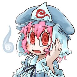 Rule 34 | 1girl, @ @, arm garter, profile picture, black ribbon, chamaji, close-up, commentary, frills, hair between eyes, hat, hitodama, long sleeves, lowres, messy hair, mob cap, neck ribbon, open mouth, pink eyes, pink hair, ribbon, saigyouji yuyuko, short hair, simple background, solo, swirl, touhou, triangular headpiece, upper body, veil, white background
