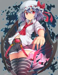 Rule 34 | 1girl, adapted costume, ascot, bat wings, belt, cowboy shot, dress, hat, hat ribbon, light purple hair, looking at viewer, mob cap, navel, pointy ears, red ascot, red dress, remilia scarlet, ribbon, shorts, smile, solo, striped clothes, striped thighhighs, suspender shorts, suspenders, suspenders slip, thighhighs, thighs, touhou, uumaru1869, wings