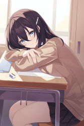 Rule 34 | 1girl, black hair, black skirt, blue eyes, breasts, brown sweater, chair, closed mouth, commentary request, desk, eraser, feet out of frame, hair between eyes, hair ornament, hairclip, heart, heart hair ornament, highres, indoors, long hair, long sleeves, looking at viewer, medium breasts, mizu (lzzrwi603), on chair, original, pleated skirt, school chair, school desk, school uniform, sitting, skirt, sleeves past wrists, smile, solo, sweater, window