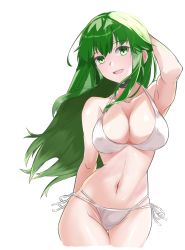 Rule 34 | 1girl, :d, alternate costume, bare arms, bikini, breasts, chuu (rinet), cowboy shot, fire emblem, fire emblem: mystery of the emblem, gluteal fold, green eyes, green hair, hand on own head, headband, highres, large breasts, long hair, looking at viewer, navel, nintendo, open mouth, palla (fire emblem), smile, solo, swimsuit, thighs, white background, white bikini, white headband
