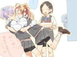 Rule 34 | 4girls, ahoge, bike shorts, birthday cake, black hair, blue neckwear, blush, cake, closed eyes, covering another&#039;s mouth, d.y.x., food, gloves, grey skirt, hair ornament, hair over one eye, hair ribbon, hairclip, hand over another&#039;s mouth, hayashimo (kancolle), kagerou (kancolle), kantai collection, kuroshio (kancolle), long hair, multiple girls, neck ribbon, outline, peeking out, pink hair, pleated skirt, ponytail, ribbon, shiranui (kancolle), shirt, short hair, short sleeves, shorts under shorts, simple background, skirt, socks, sweat, translation request, twintails, vest, white gloves, white legwear