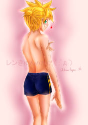 Rule 34 | 1boy, blonde hair, blush, child, green eyes, heart, kagamine len, kagerou (kageroukan), male focus, pink background, shorts, simple background, solo, standing, topless male, translation request, vocaloid