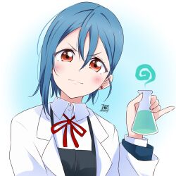 Rule 34 | 1girl, asymmetrical bangs, blue hair, blush, bow, bowtie, coat, commentary, dress, earrings, erlenmeyer flask, flask, grey dress, hair between eyes, hand up, highres, jewelry, lab coat, long sleeves, looking at viewer, love live!, love live! superstar!!, red bow, red bowtie, red eyes, shirt, smile, smoke, solo, stud earrings, upper body, v-shaped eyebrows, wakana shiki, white background, white coat, white shirt, wing collar, zero-theme