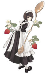 Rule 34 | 1girl, apron, artist name, black dress, black footwear, blunt bangs, blush, bob cut, bow, brown eyes, brown hair, closed mouth, dress, expressionless, flower, food, frilled apron, frills, from behind, from side, fruit, full body, holding, holding spoon, juliet sleeves, kashiwagi chisame, leaf, loafers, long dress, long sleeves, looking at viewer, looking back, looking to the side, maid, maid apron, maid headdress, mary janes, original, oversized object, pantyhose, plant, puffy sleeves, shoes, short hair, simple background, socks, solo, spoon, standing, strawberry, twitter username, watermark, white apron, white background, white bow, white flower, white pantyhose