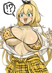 Rule 34 | !, !?, 1girl, 1other, ?, absurdres, anger vein, bikini, blonde hair, blush, breasts, checkered clothes, checkered skirt, cleavage, clothes around waist, collarbone, fang, goddess of victory: nikke, goma., green eyes, gyaru, highres, huge breasts, jacket, jacket around waist, large breasts, long hair, open clothes, open mouth, open shirt, ponytail, rupee (nikke), shirt, simple background, skin fang, skirt, spoken exclamation mark, spoken question mark, sweatdrop, swimsuit, triangle mouth, unbuttoned, white background, white shirt, yellow jacket, yellow skirt