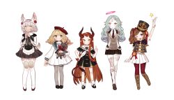 Rule 34 | 5girls, :o, ;d, animal ears, apron, aqua hair, bandages, beret, blonde hair, blush, boots, brown eyes, brown hair, dress, expressionless, full body, gloves, green eyes, grey hair, gwayo, hat, head tilt, headband, highres, horns, kneehighs, loafers, long hair, looking at viewer, looking away, mary janes, multiple girls, one eye closed, open mouth, original, own hands clasped, own hands together, pantyhose, pleated skirt, pointing, pointing at self, sailor collar, shako cap, shoes, short hair, simple background, skirt, smile, socks, standing, star (symbol), stitches, stuffed animal, stuffed rabbit, stuffed toy, tail, thighhighs, very long hair, white background, white skirt